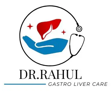 Dr. Rahul Gastro Liver Care logo featuring a protective hand, liver icon, and stethoscope, symbolizing trusted digestive and liver healthcare.