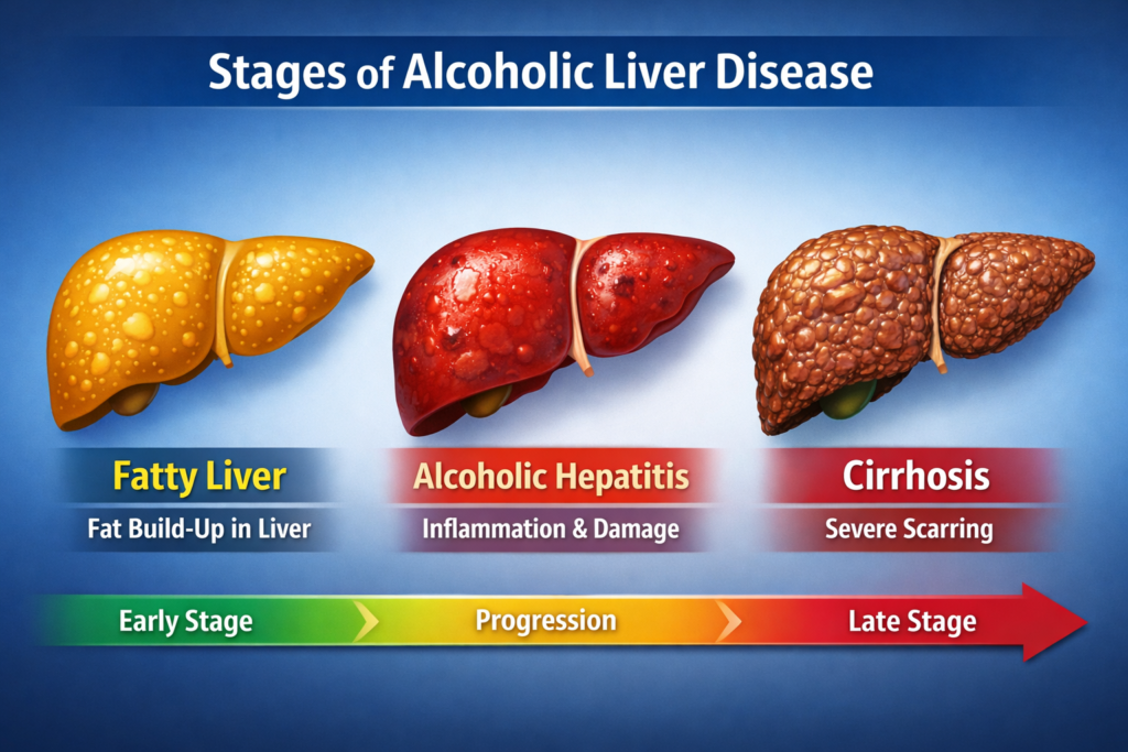 Stages of Alcoholic Liver Disease showing fatty liver, alcoholic hepatitis, and cirrhosis progression from early to late stage.