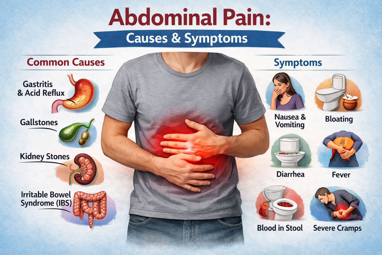 Infographic showing abdominal pain causes and symptoms including gastritis, gallstones, kidney stones, IBS, nausea, diarrhea, fever, and severe cramps.