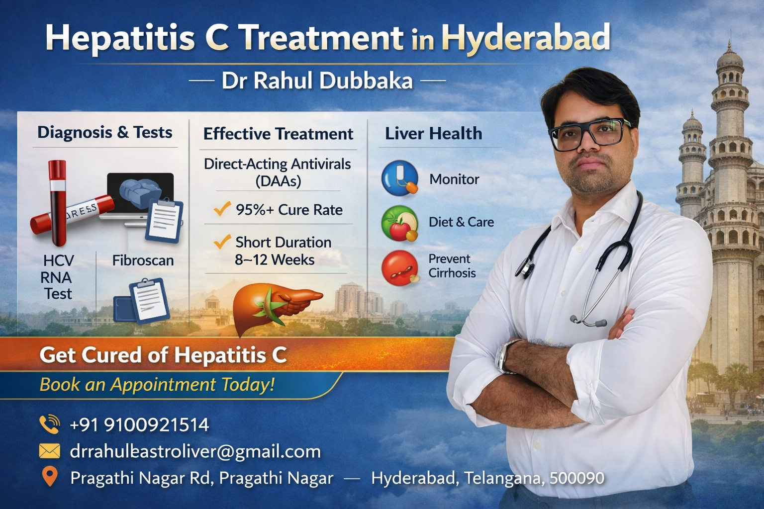 Dr Rahul Dubbaka providing advanced Hepatitis C treatment at People's Hospital, Pragathi Nagar, Hyderabad with 95%+ cure rate antiviral therapy.
