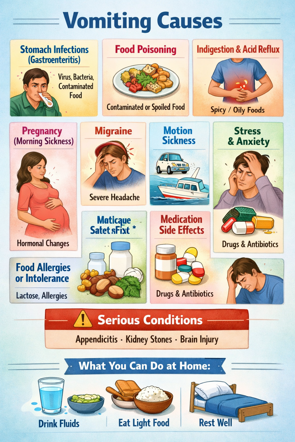Infographic explaining vomiting causes including stomach infections, food poisoning, pregnancy, migraine, motion sickness, stress, medication side effects, and serious conditions with home remedies.