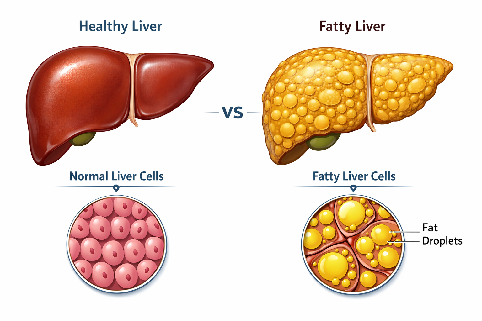 Comparison between healthy liver and fatty liver showing fat accumulation in liver cells.