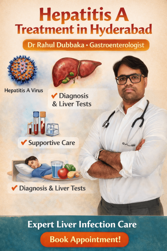 Dr Rahul Dubbaka providing Hepatitis A treatment in Hyderabad with diagnosis, liver function tests, and supportive care for viral liver infection.