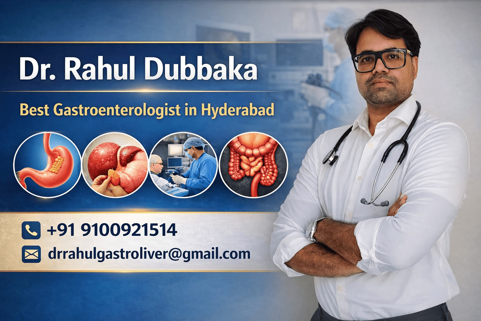 Dr Rahul Dubbaka best gastroenterologist in Hyderabad with stethoscope providing expert digestive and liver treatment