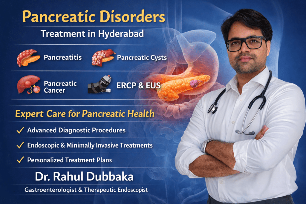 Dr Rahul Dubbaka providing advanced pancreatic disorders treatment in Hyderabad including pancreatitis, pancreatic cysts, pancreatic cancer, ERCP and EUS procedures