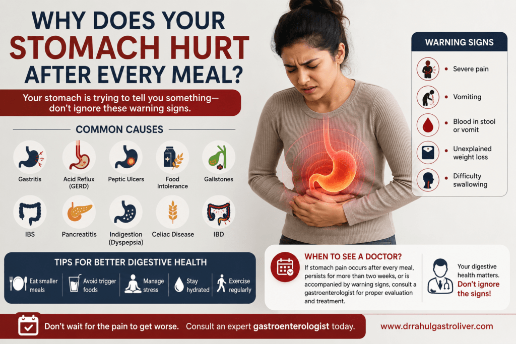 A woman experiencing severe stomach pain after eating, with a highlighted digestive system illustration. The infographic explains common causes of stomach pain after meals, warning signs, digestive health tips, and when to consult a gastroenterologist.
