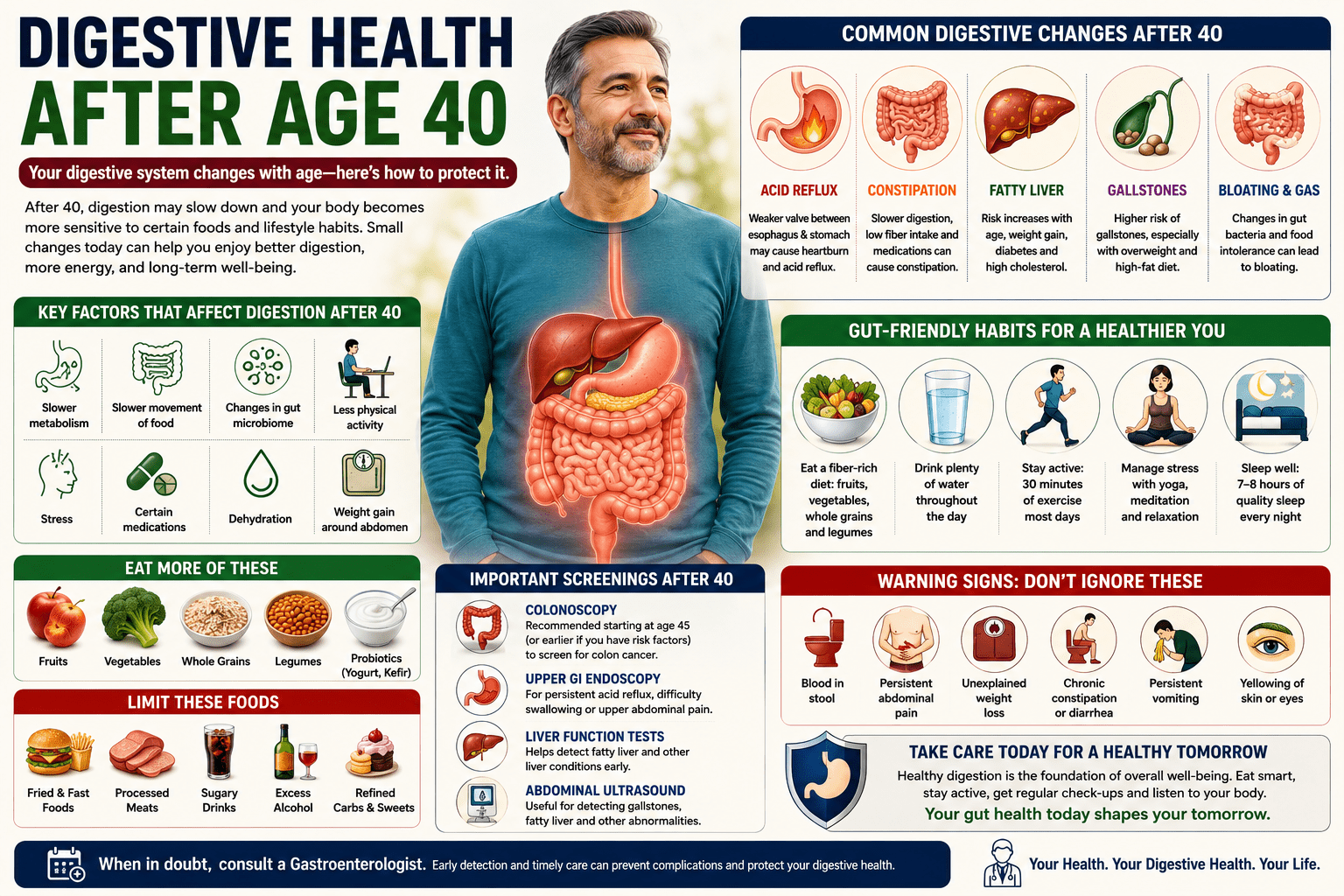 igestive health after age 40, showing the digestive system with the stomach, liver, pancreas, intestines, and colon. The infographic highlights common digestive issues after 40 such as acid reflux, constipation, fatty liver, gallstones, and bloating, alongside healthy lifestyle habits including a balanced diet, hydration, regular exercise, routine screenings, and gut-friendly foods for lifelong digestive wellness.