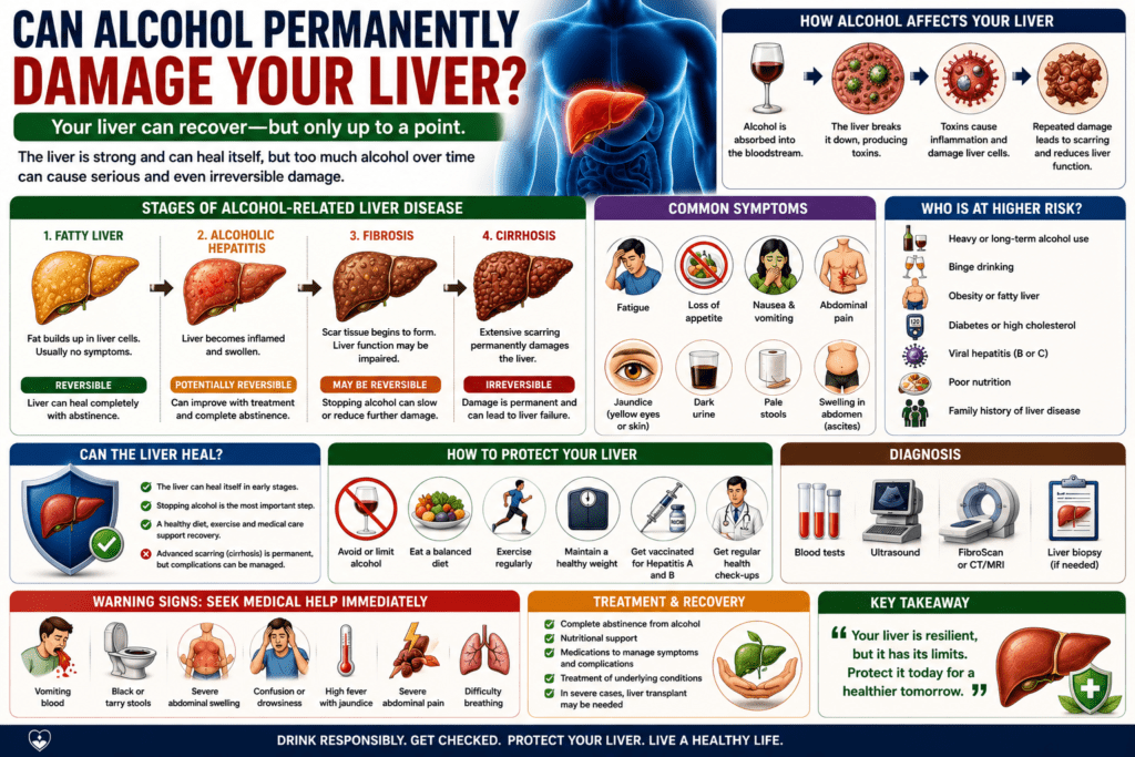 the progression of alcohol-related liver disease from a healthy liver to fatty liver, alcoholic hepatitis, fibrosis, and cirrhosis. The infographic highlights common symptoms, risk factors, diagnosis, recovery potential, and lifestyle changes to protect liver health, emphasizing that early alcohol-related liver damage may be reversible while advanced cirrhosis is permanent.