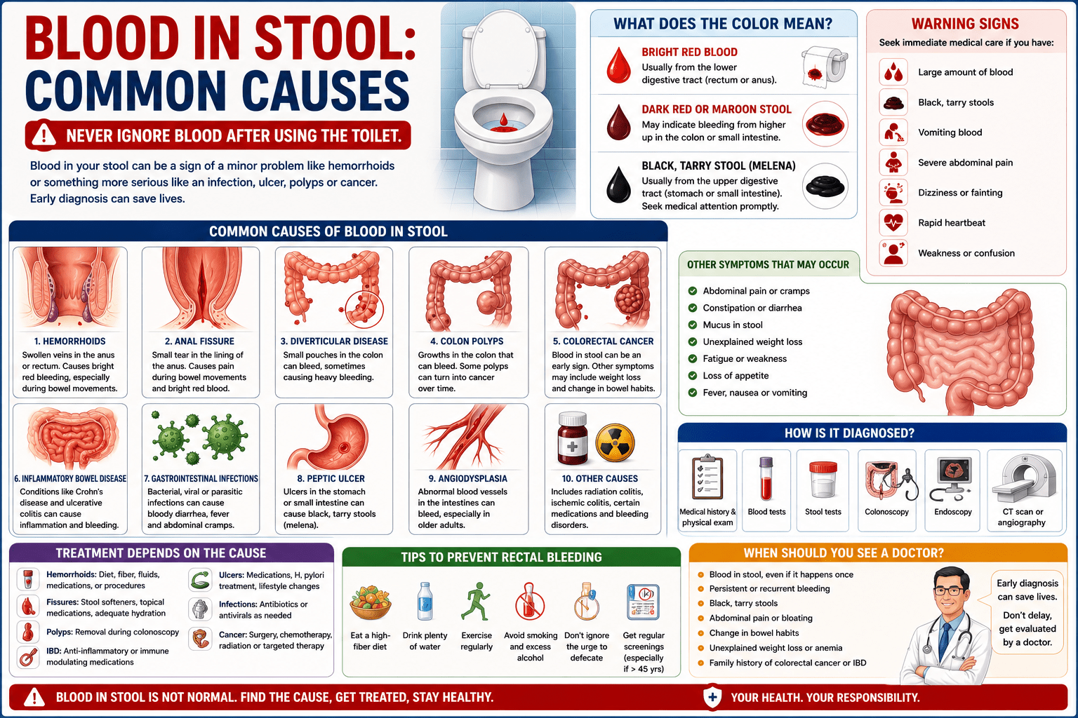 the common causes of blood in stool, including hemorrhoids, anal fissures, colon polyps, inflammatory bowel disease, ulcers, and colorectal cancer. The infographic highlights warning signs, stool color differences, diagnostic tests such as colonoscopy, treatment options, prevention tips, and when to consult a gastroenterologist.
