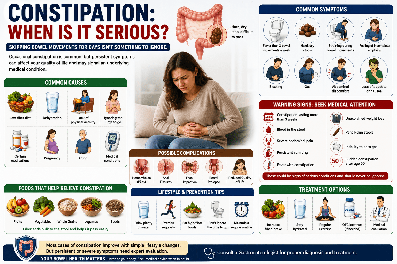 constipation, illustrating the digestive system, hard stool in the colon, common causes such as dehydration, low-fiber diet, lack of exercise, and medications, along with warning signs including blood in stool, severe abdominal pain, persistent constipation, bloating, and treatment options like fiber-rich foods, hydration, and regular physical activity.