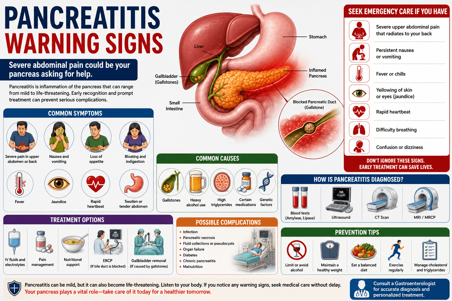 pancreas with surrounding digestive organs, illustrating the warning signs of pancreatitis. The infographic highlights severe upper abdominal pain, pain radiating to the back, nausea, vomiting, fever, jaundice, common causes such as gallstones and alcohol use, diagnostic tests, treatment options, and emergency warning signs.