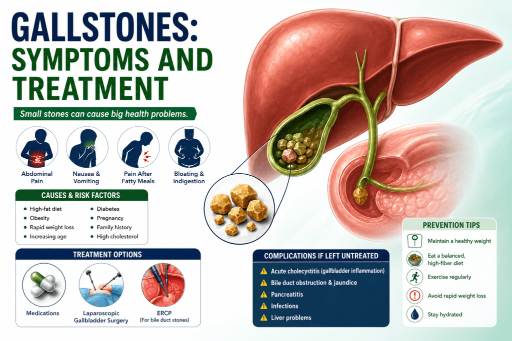 gallstones inside the gallbladder with a medical diagram showing the liver, gallbladder, bile ducts, and digestive system. The image highlights common gallstone symptoms such as upper right abdominal pain, nausea, vomiting, bloating, jaundice, and treatment options including ultrasound, ERCP, and laparoscopic gallbladder surgery.