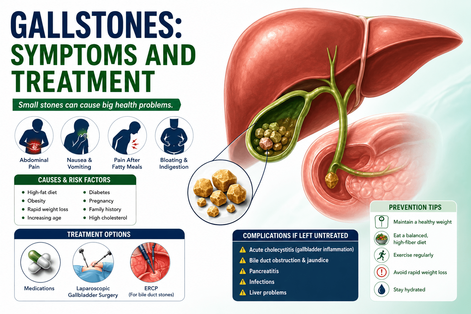 gallstones inside the gallbladder with a medical diagram showing the liver, gallbladder, bile ducts, and digestive system. The image highlights common gallstone symptoms such as upper right abdominal pain, nausea, vomiting, bloating, jaundice, and treatment options including ultrasound, ERCP, and laparoscopic gallbladder surgery.