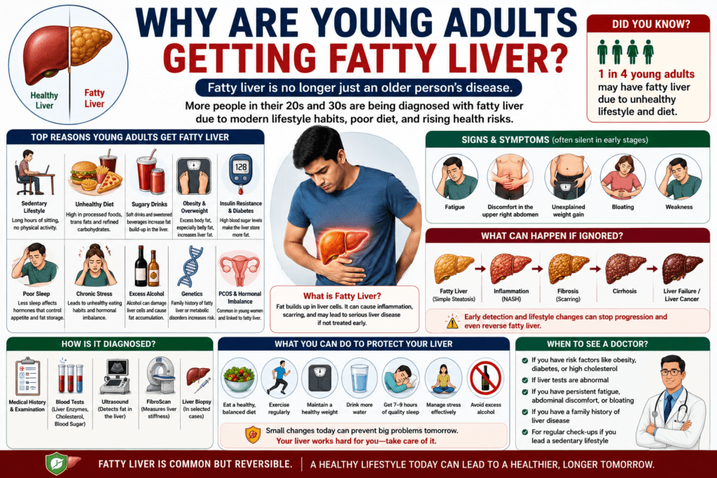A detailed medical infographic explaining why fatty liver disease is becoming increasingly common among young adults. The infographic highlights causes such as unhealthy diet, sugary drinks, obesity, lack of exercise, insulin resistance, poor sleep, and stress. It also covers early symptoms, diagnosis, prevention strategies, lifestyle changes, and the importance of early detection.