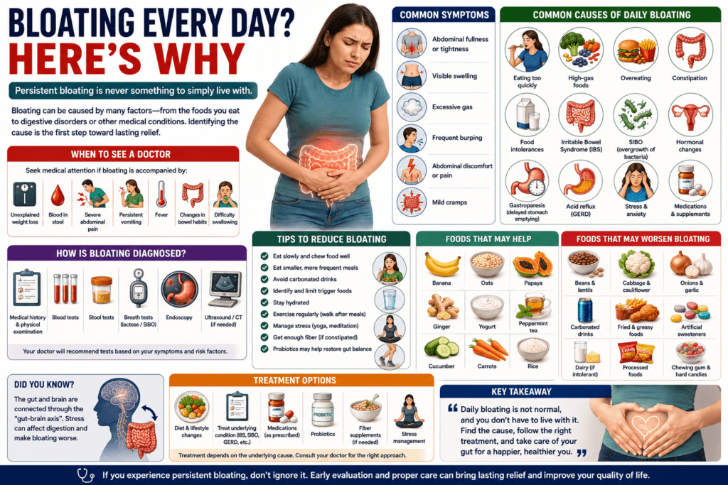 experiencing abdominal bloating with a medical illustration of the digestive system. The infographic explains common causes of daily bloating, symptoms, warning signs, diagnosis, treatment options, foods that help reduce bloating, foods to avoid, and lifestyle changes for better digestive health.