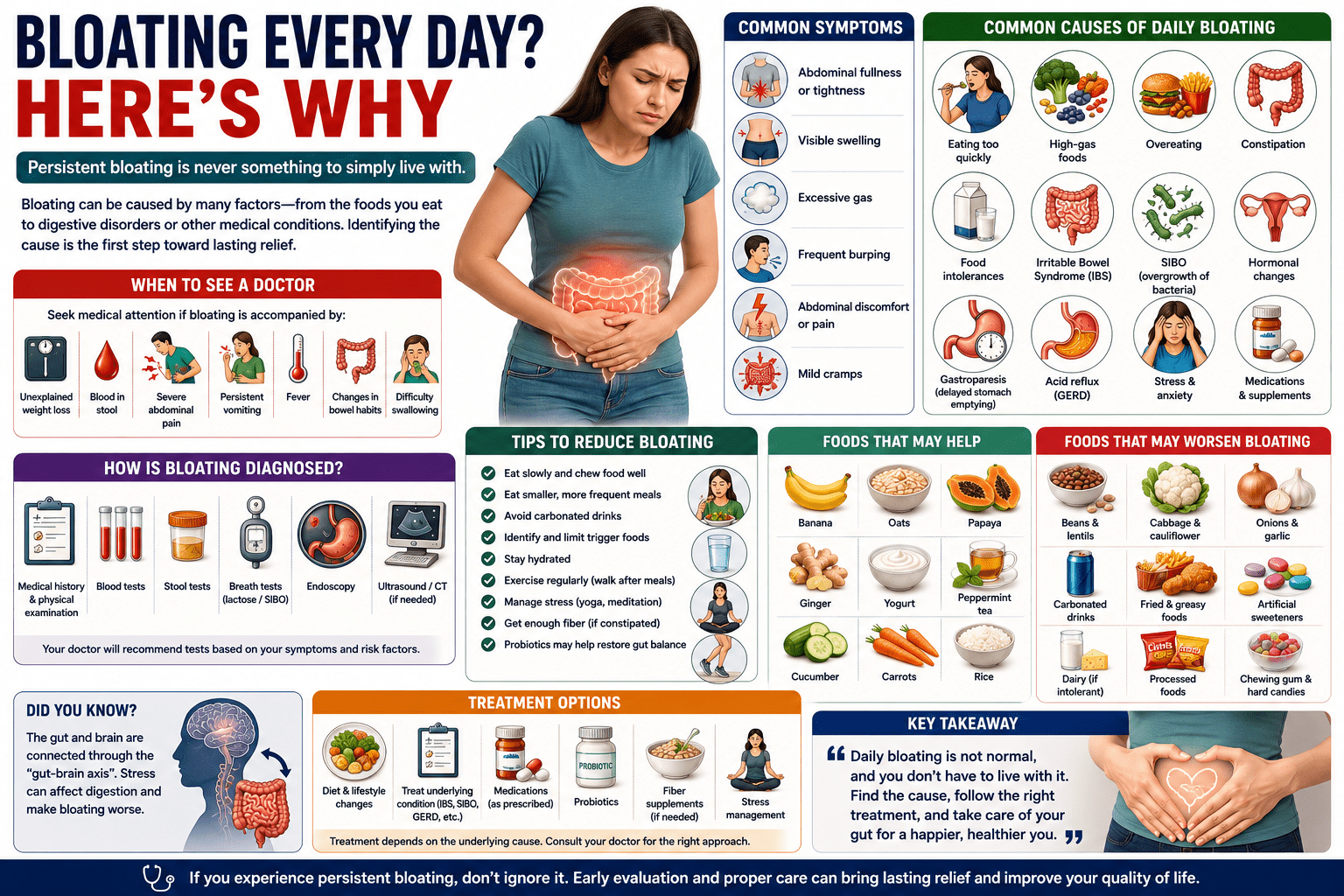 experiencing abdominal bloating with a medical illustration of the digestive system. The infographic explains common causes of daily bloating, symptoms, warning signs, diagnosis, treatment options, foods that help reduce bloating, foods to avoid, and lifestyle changes for better digestive health.