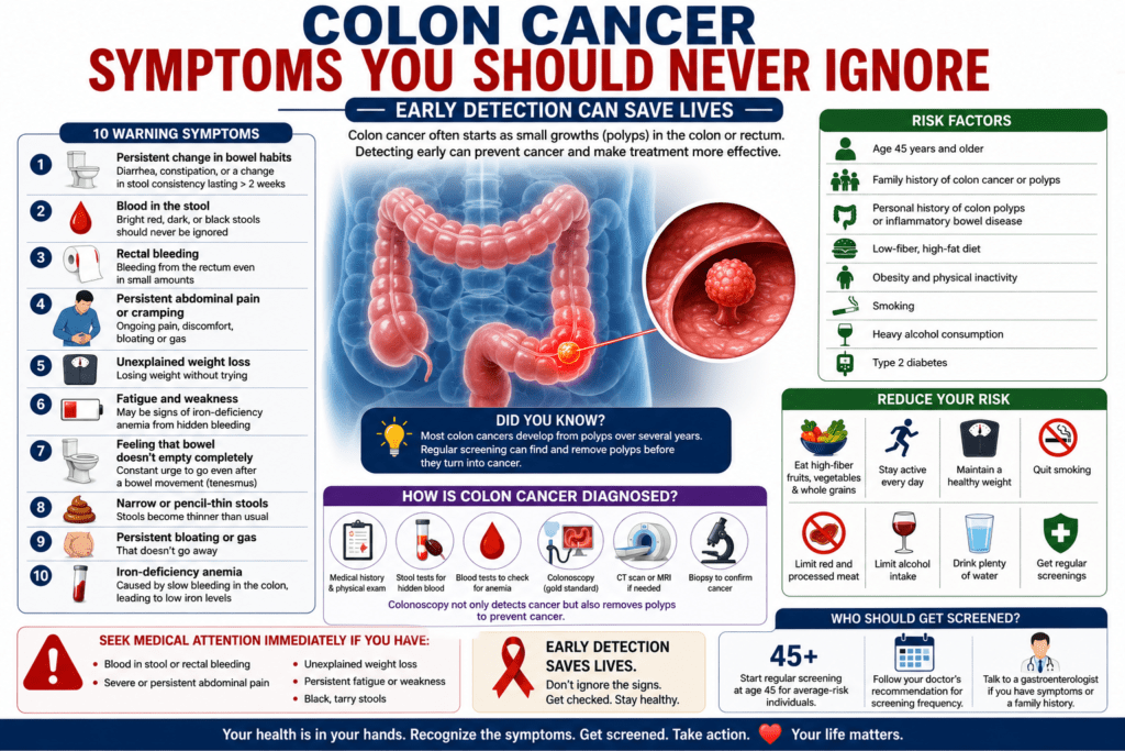 A medical infographic illustrating the early warning signs of colon cancer, including changes in bowel habits, blood in the stool, unexplained weight loss, abdominal pain, and fatigue. The infographic also explains risk factors, screening methods, prevention tips, and highlights the importance of early detection.