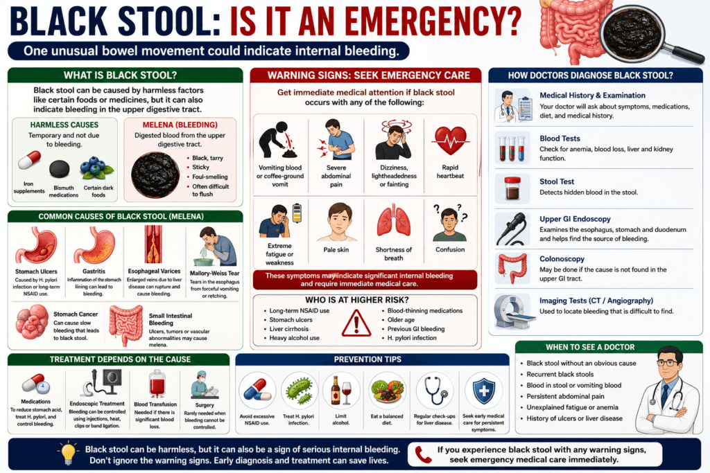 A medical infographic explaining the causes of black stool, including internal bleeding, stomach ulcers, gastritis, and medications. The infographic highlights emergency warning signs, diagnosis methods, treatment options, prevention tips, and when to seek immediate medical care.