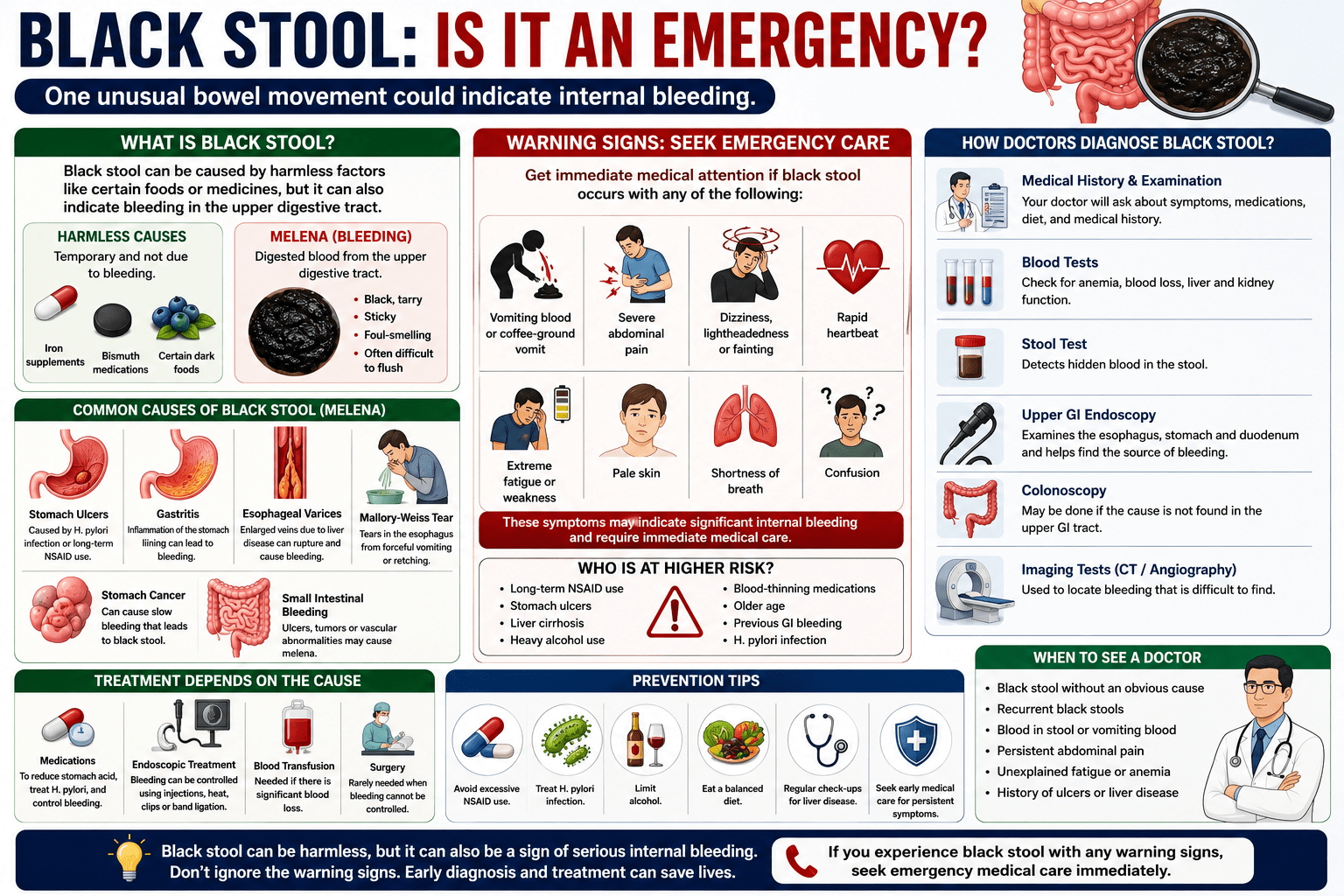 A medical infographic explaining the causes of black stool, including internal bleeding, stomach ulcers, gastritis, and medications. The infographic highlights emergency warning signs, diagnosis methods, treatment options, prevention tips, and when to seek immediate medical care.