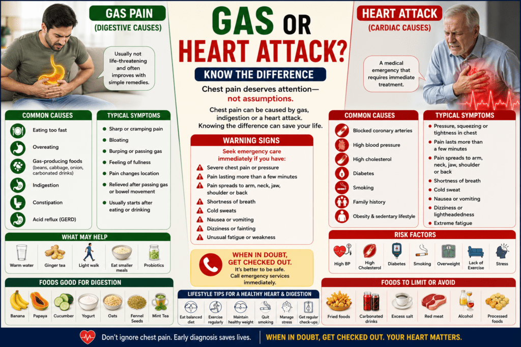 gas pain and heart attack symptoms. The infographic explains the differences between digestive-related chest pain and cardiac chest pain, including causes, symptoms, warning signs, risk factors, diagnosis, treatment options, and when to seek emergency medical attention.