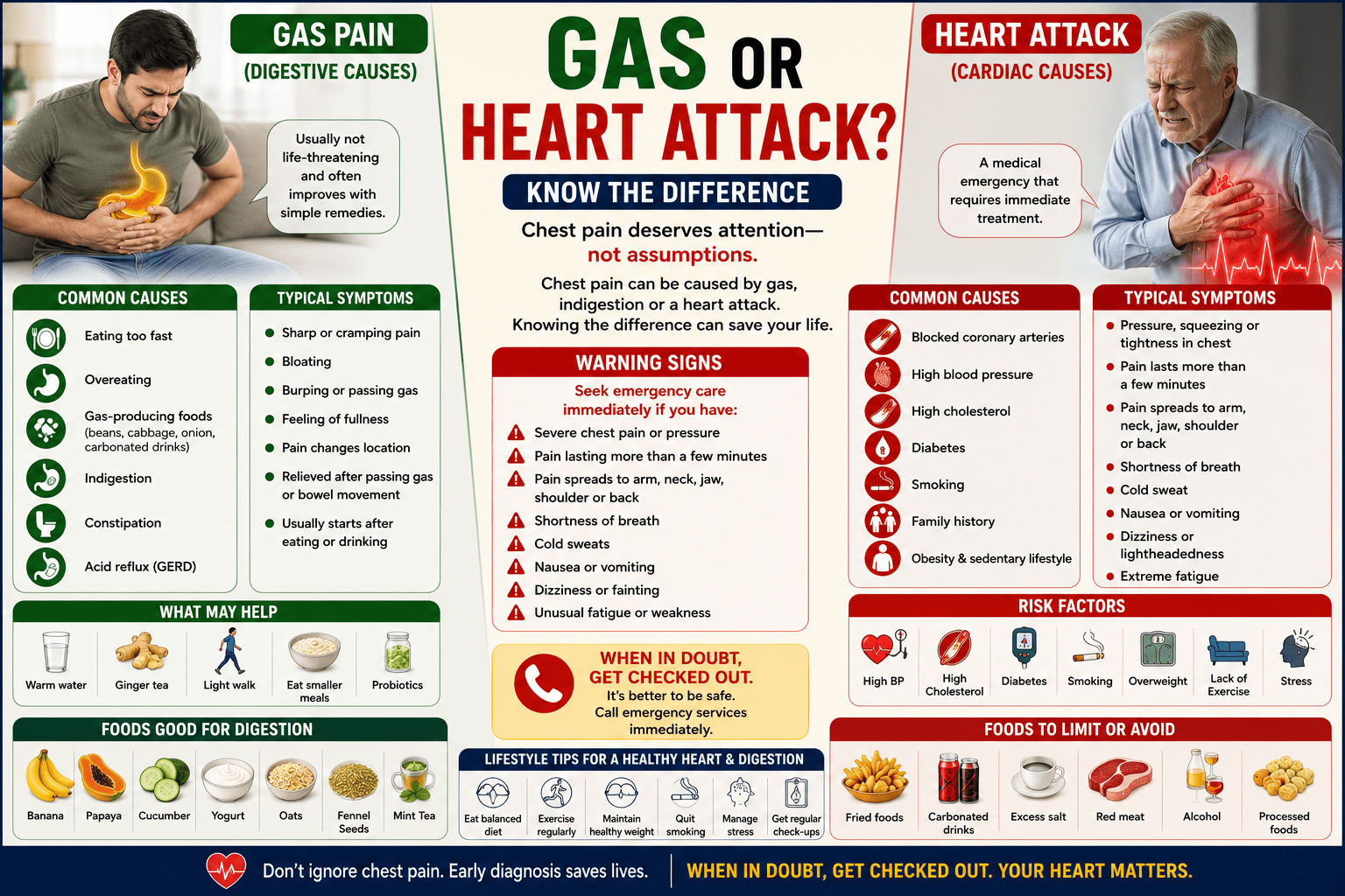 gas pain and heart attack symptoms. The infographic explains the differences between digestive-related chest pain and cardiac chest pain, including causes, symptoms, warning signs, risk factors, diagnosis, treatment options, and when to seek emergency medical attention.