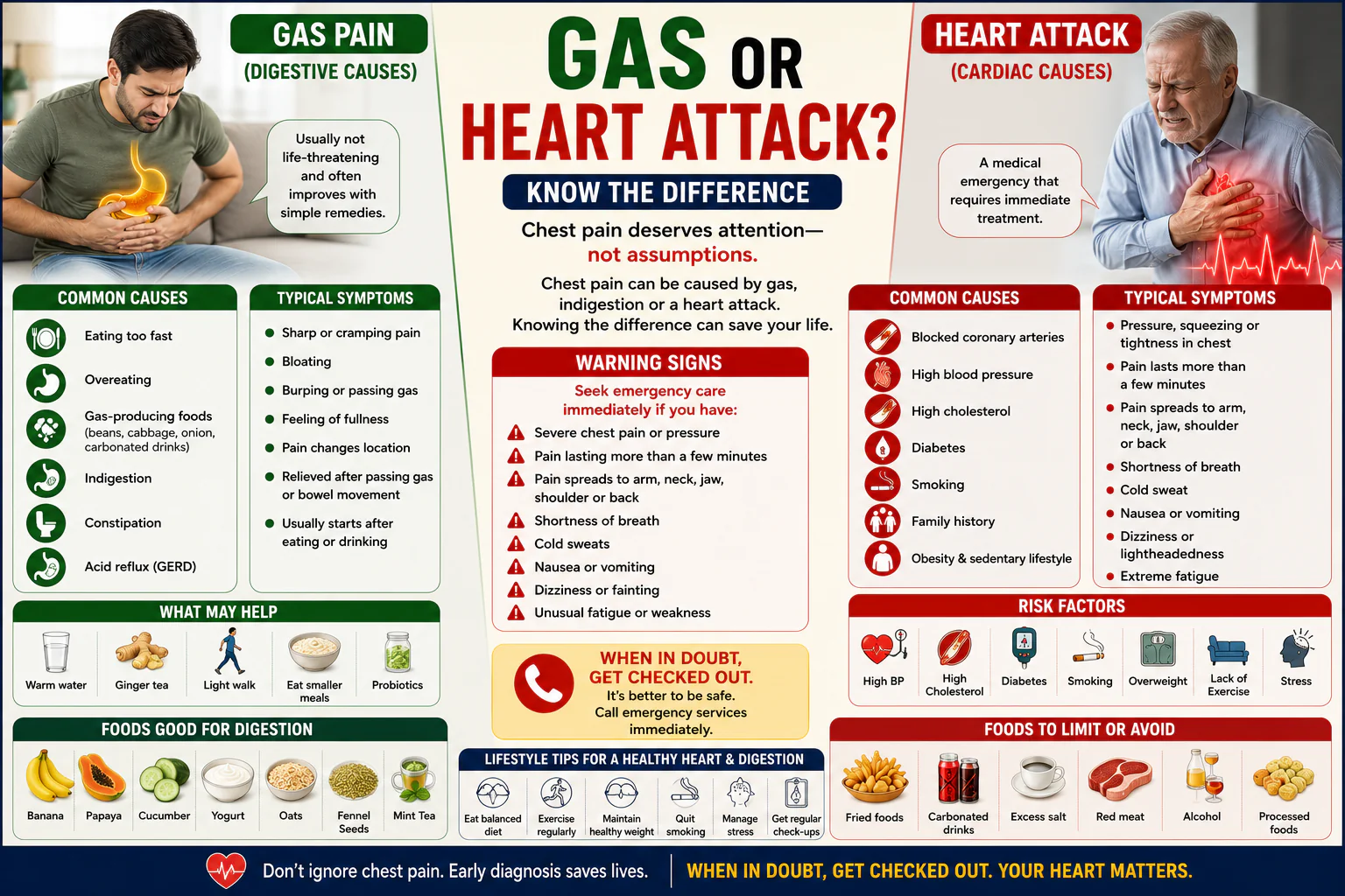 gas pain and heart attack symptoms. The infographic explains the differences between digestive-related chest pain and cardiac chest pain, including causes, symptoms, warning signs, risk factors, diagnosis, treatment options, and when to seek emergency medical attention.