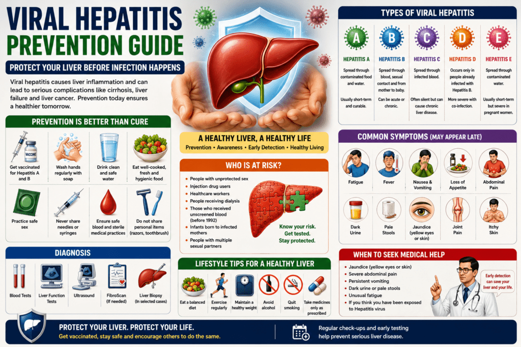 hepatitis prevention with a healthy liver protected by a shield. The infographic explains the five types of viral hepatitis (A, B, C, D, and E), common symptoms, transmission methods, prevention tips such as vaccination, hand hygiene, safe food and water, and lifestyle habits to protect liver health.