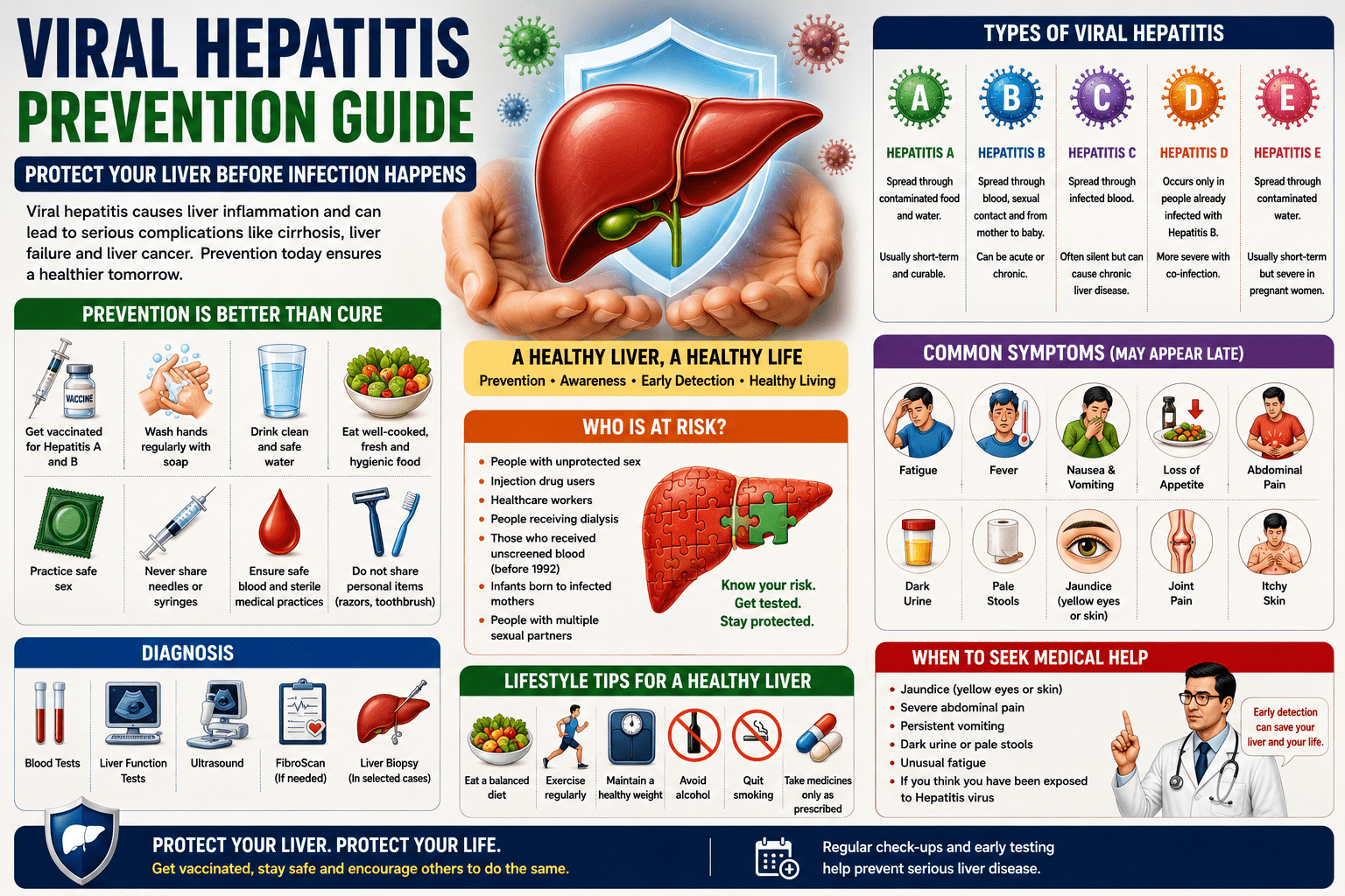 hepatitis prevention with a healthy liver protected by a shield. The infographic explains the five types of viral hepatitis (A, B, C, D, and E), common symptoms, transmission methods, prevention tips such as vaccination, hand hygiene, safe food and water, and lifestyle habits to protect liver health.