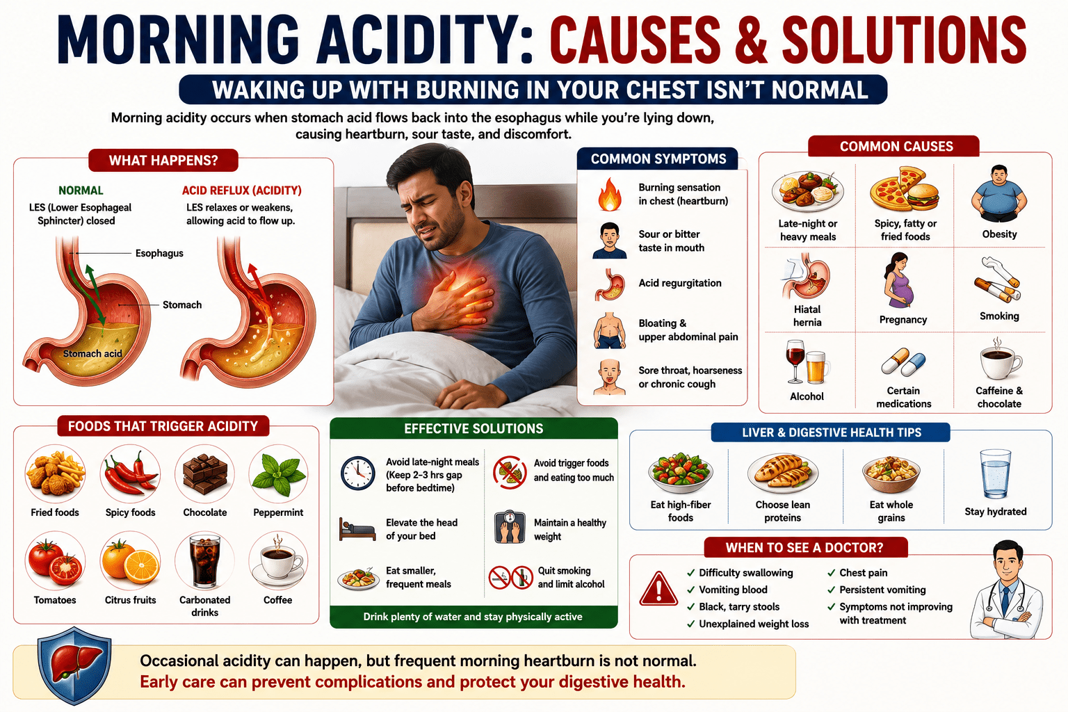 experiencing heartburn after waking up, with a medical illustration of acid reflux from the stomach into the esophagus. The infographic highlights common causes of morning acidity such as GERD, late-night meals, spicy foods, obesity, smoking, and stress, along with symptoms, prevention tips, and treatment options for better digestive health.