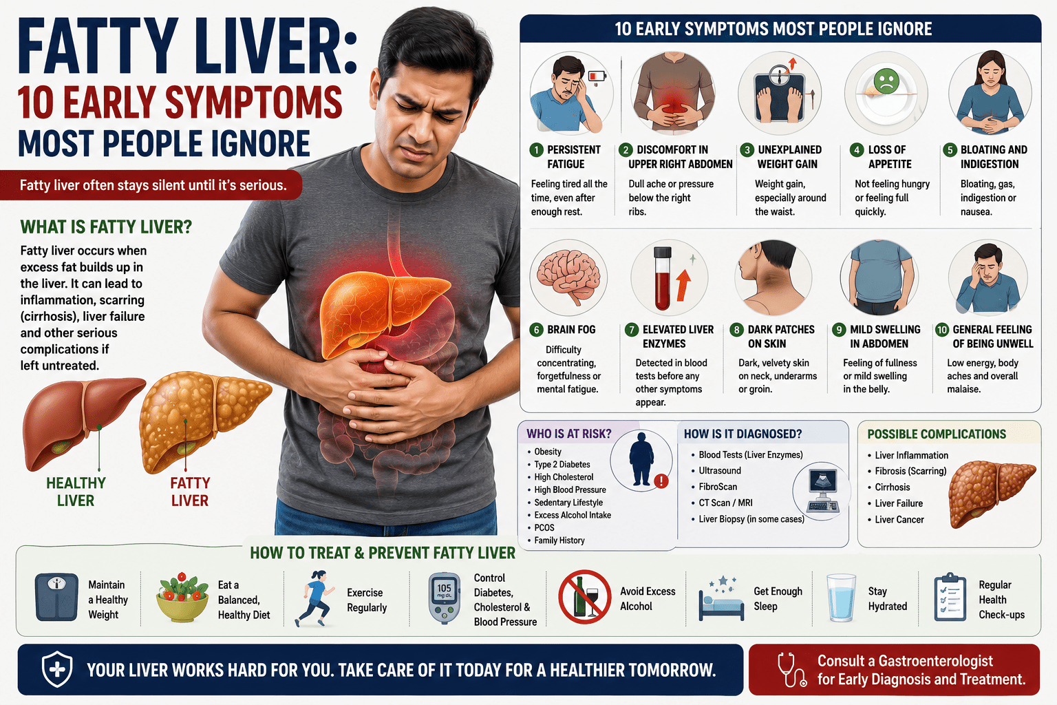 A medical infographic showing a person holding the upper right side of the abdomen with an illustrated fatty liver. The graphic highlights the 10 early symptoms of fatty liver disease, common risk factors, diagnosis methods, possible complications, and lifestyle tips for prevention and treatment.