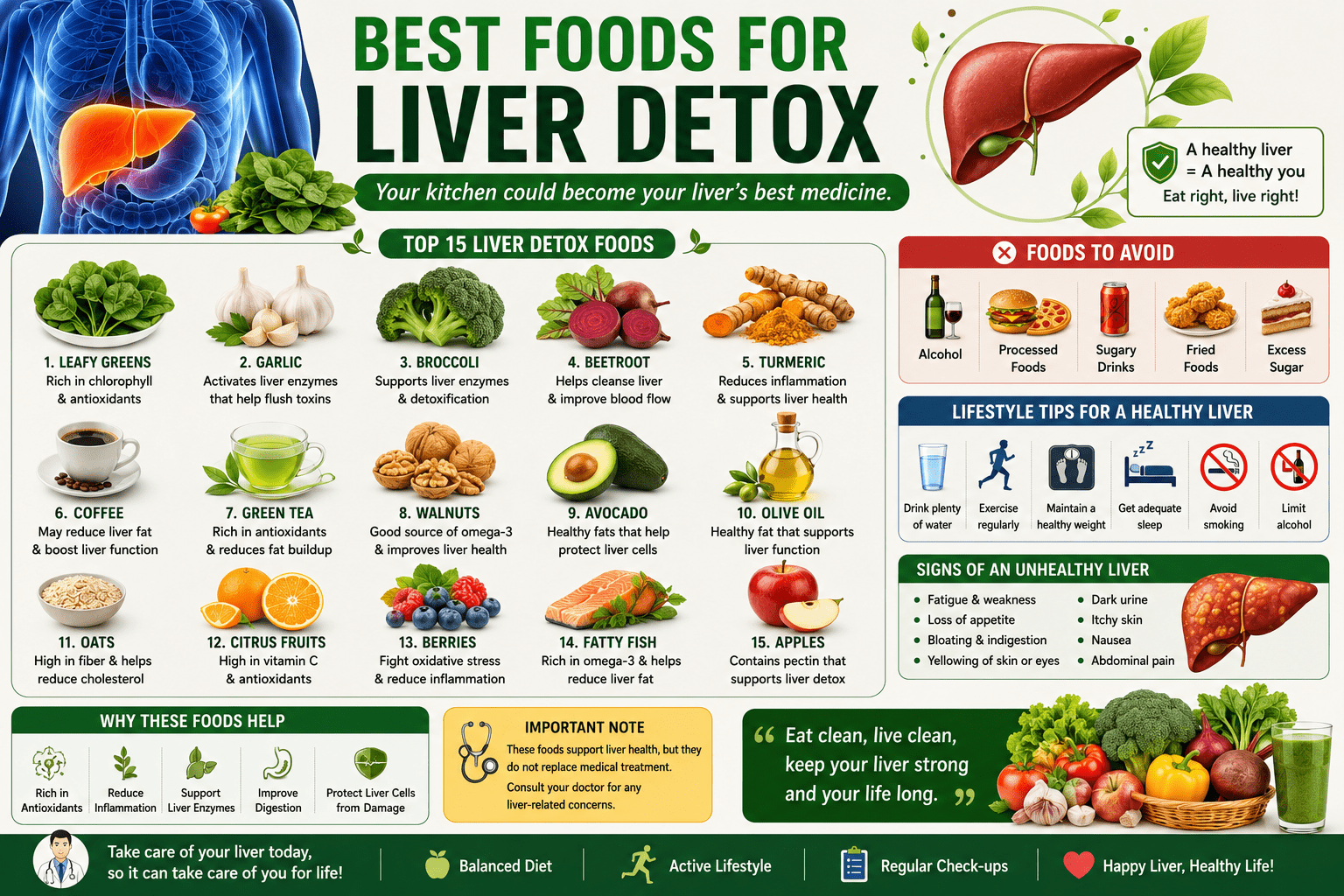 the best foods for liver detox. The infographic shows a healthy liver alongside nutrient-rich foods such as leafy greens, garlic, broccoli, beetroot, turmeric, coffee, green tea, walnuts, avocado, olive oil, oats, citrus fruits, berries, fatty fish, and apples. It also includes liver-friendly lifestyle habits, foods to avoid, common signs of an unhealthy liver, and tips to naturally support liver function.