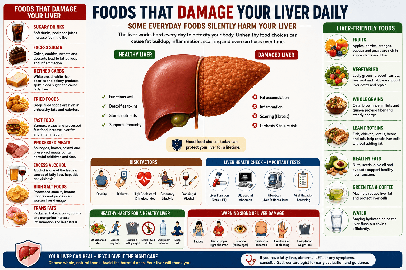 foods that damage the liver and liver-friendly foods. The infographic illustrates harmful foods such as sugary drinks, fried foods, processed meats, fast food, refined carbohydrates, alcohol, and high-salt snacks alongside healthy alternatives including fruits, vegetables, whole grains, lean proteins, nuts, and water to promote better liver health and prevent fatty liver disease.