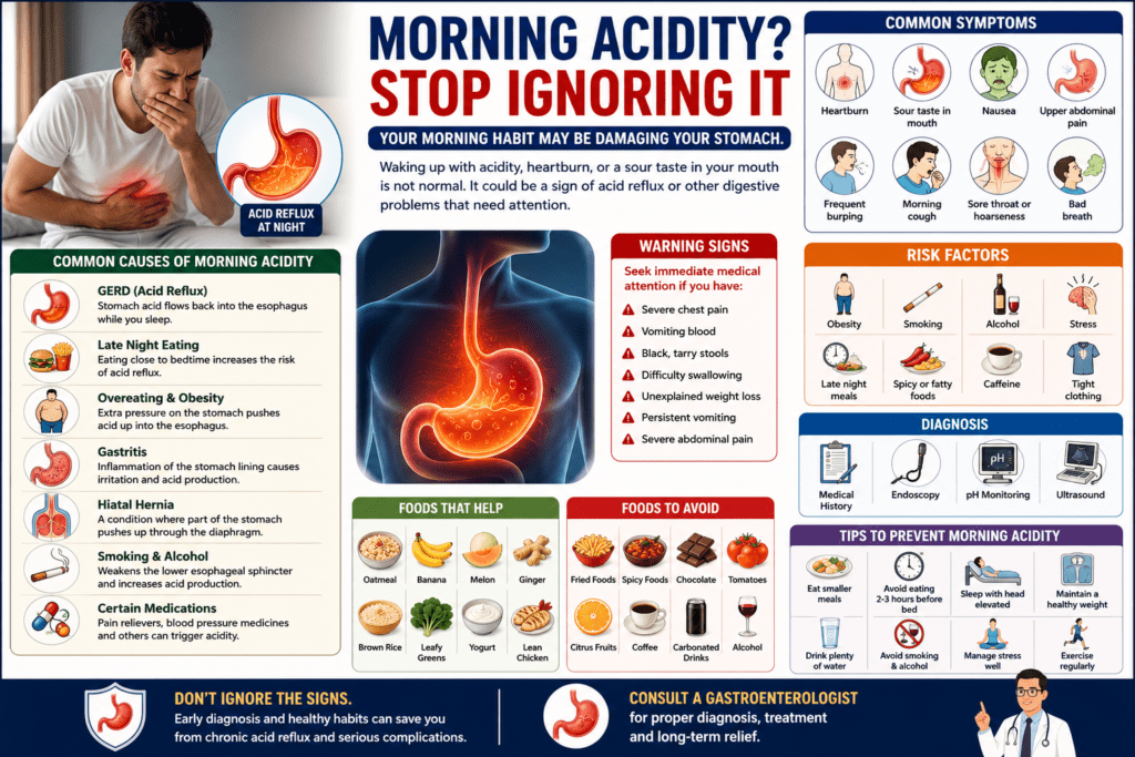 waking up with heartburn and stomach discomfort, alongside medical illustrations explaining morning acidity and acid reflux. The infographic highlights common causes such as GERD, late-night eating, gastritis, obesity, hiatal hernia, smoking, and stress, with symptoms, diagnosis, foods to eat and avoid, prevention tips, and when to consult a gastroenterologist.