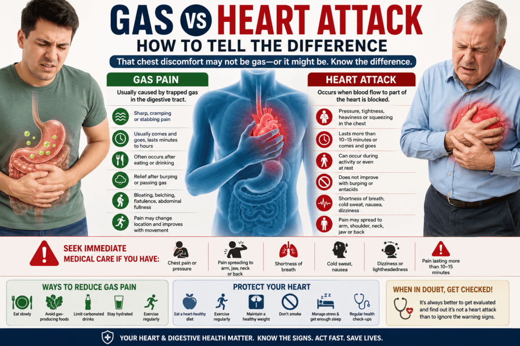 A medical infographic comparing gas pain and heart attack symptoms. It features a side-by-side comparison of causes, warning signs, symptom differences, emergency red flags, prevention tips, and guidance on when to seek immediate medical care.