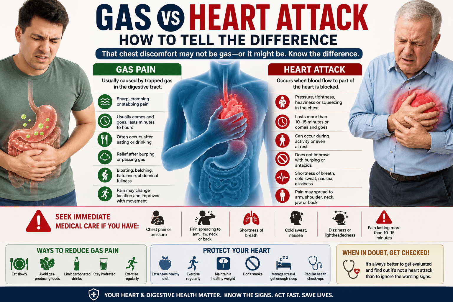 A medical infographic comparing gas pain and heart attack symptoms. It features a side-by-side comparison of causes, warning signs, symptom differences, emergency red flags, prevention tips, and guidance on when to seek immediate medical care.