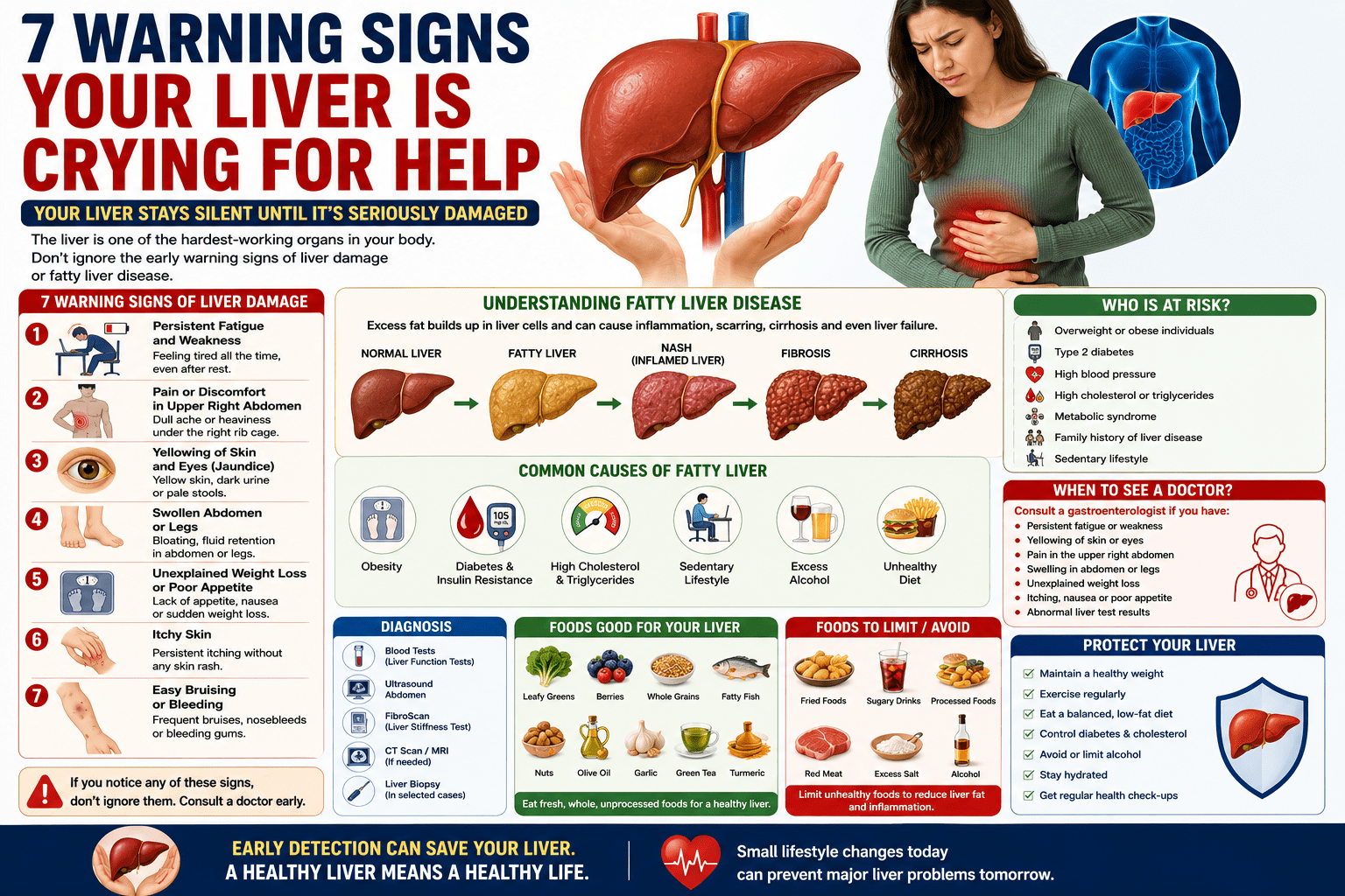 the 7 warning signs of liver damage and fatty liver disease, including persistent fatigue, upper right abdominal pain, jaundice, swollen abdomen or legs, unexplained weight loss, itchy skin, and easy bruising. The infographic also explains fatty liver stages, risk factors, diagnosis, liver-friendly foods, foods to avoid, and healthy lifestyle tips to protect liver function.