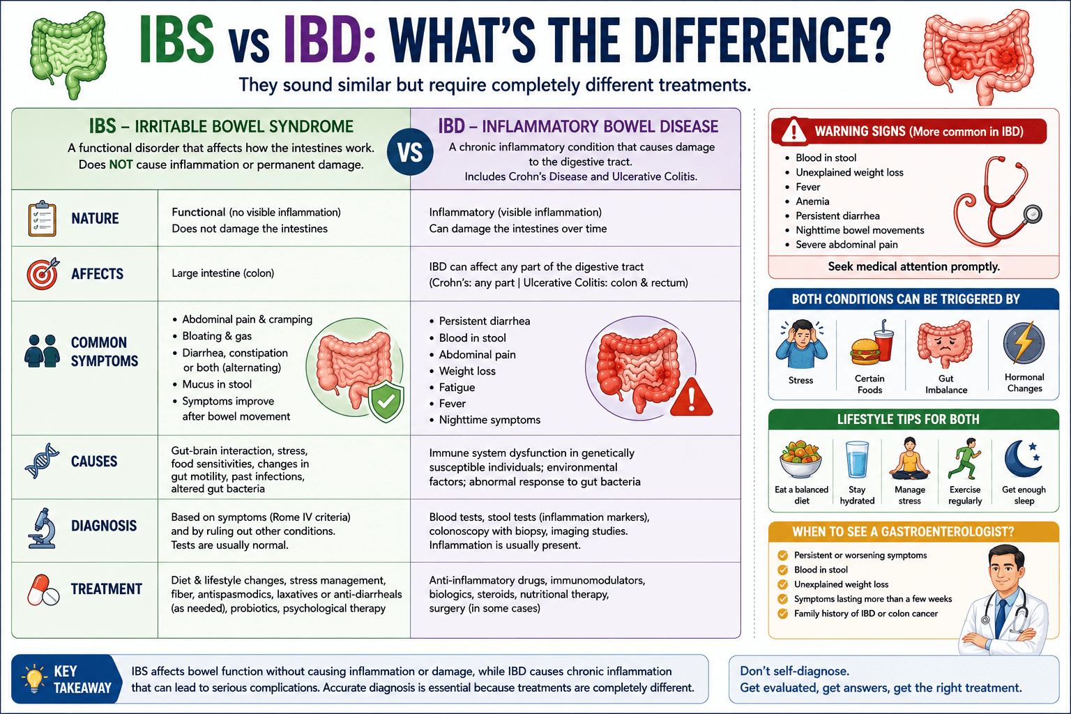 Irritable Bowel Syndrome (IBS) and Inflammatory Bowel Disease (IBD). The infographic explains the key differences in causes, symptoms, diagnosis, treatment options, warning signs, lifestyle tips, and when to consult a gastroenterologist.