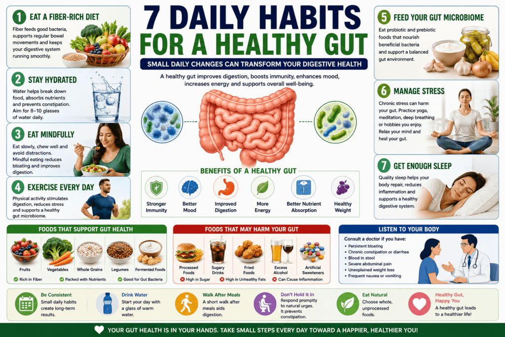 7 daily habits for a healthy gut, including eating a fiber-rich diet, staying hydrated, mindful eating, daily exercise, supporting the gut microbiome with probiotics and prebiotics, managing stress, and getting enough sleep. The infographic also highlights gut-friendly foods, foods to limit, digestive health benefits, and when to consult a gastroenterologist.
