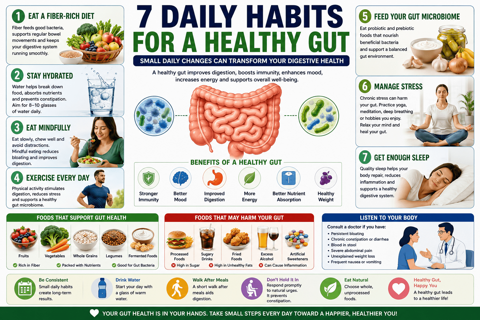 7 daily habits for a healthy gut, including eating a fiber-rich diet, staying hydrated, mindful eating, daily exercise, supporting the gut microbiome with probiotics and prebiotics, managing stress, and getting enough sleep. The infographic also highlights gut-friendly foods, foods to limit, digestive health benefits, and when to consult a gastroenterologist.