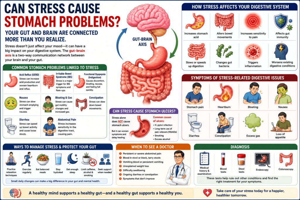 explaining how stress affects digestive health through the gut-brain connection. The infographic highlights the gut-brain axis, common stress-related digestive problems such as acid reflux, IBS, bloating, constipation, diarrhea, and stomach pain, along with symptoms, lifestyle management tips, diagnostic tests, and when to consult a gastroenterologist.