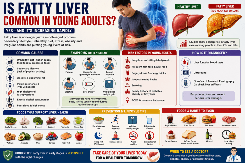 young adult experiencing discomfort near the liver, with a comparison of a healthy liver and fatty liver. The infographic highlights common causes and risk factors of fatty liver in young adults, including unhealthy diet, sedentary lifestyle, obesity, diabetes, high cholesterol, sugary drinks, and alcohol, along with symptoms, diagnosis, liver-friendly foods, prevention tips, and lifestyle changes.